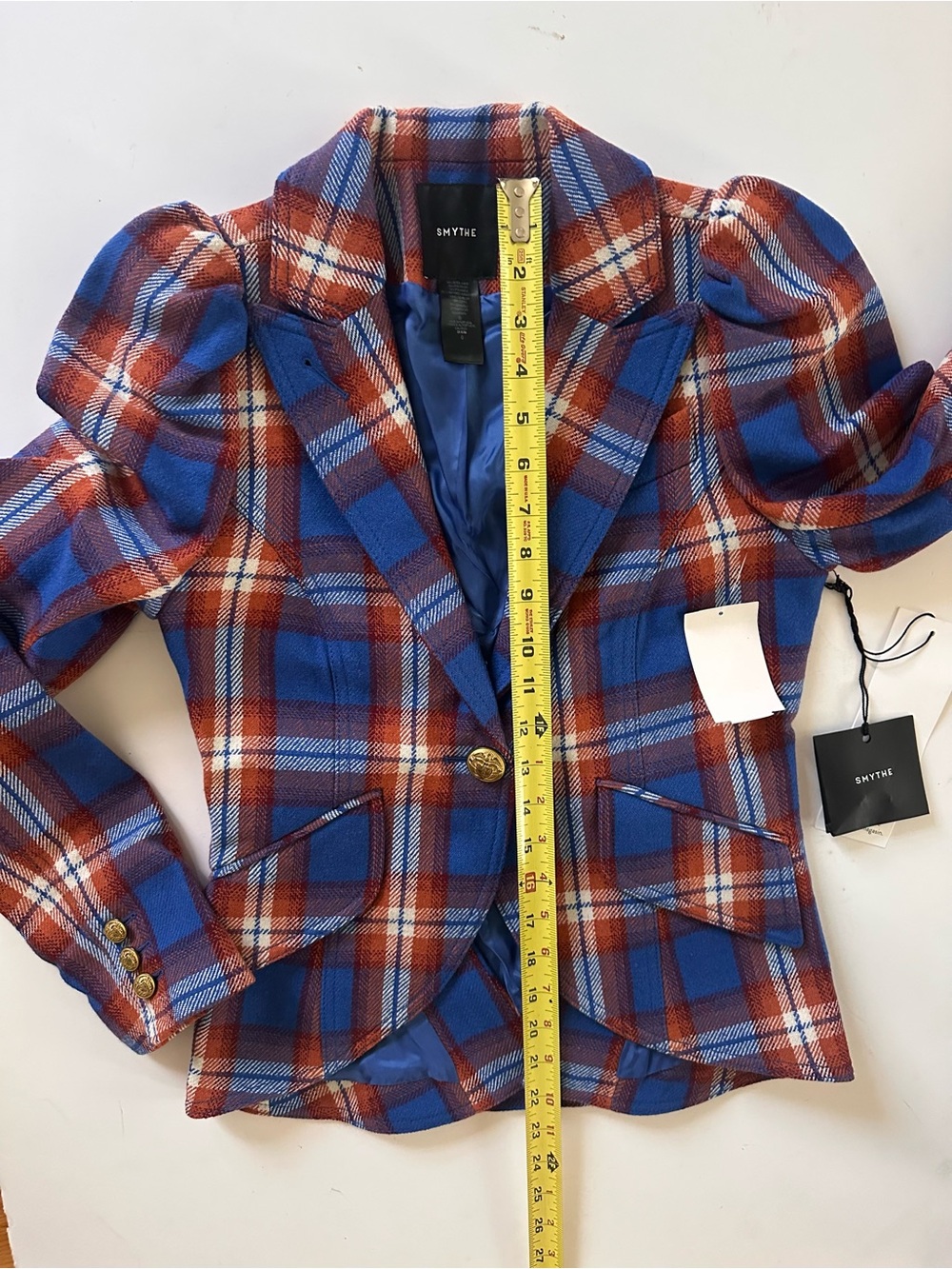 SMYTHE
Pouf Sleeve One Button Blazer in Carmine Plaid With Whiskey - Picture 7 of 8